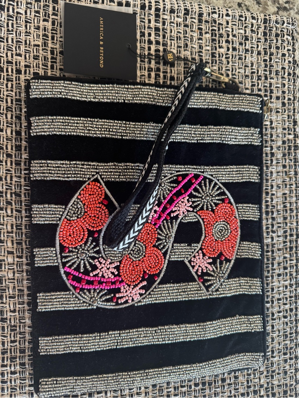 America & Beyond Black Beaded Floral Wristlet Clutch with Pink & Red Accents